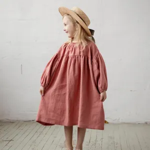 Kids Toddler Girls Spring Autumn Fashion Casual Solid Color Linen Round Neck Long Sleeve Dress