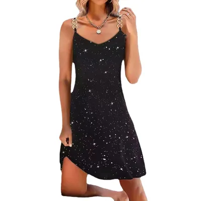 Women Fashion Sexy Metal Chain Strap Rhinestone Midi Dress