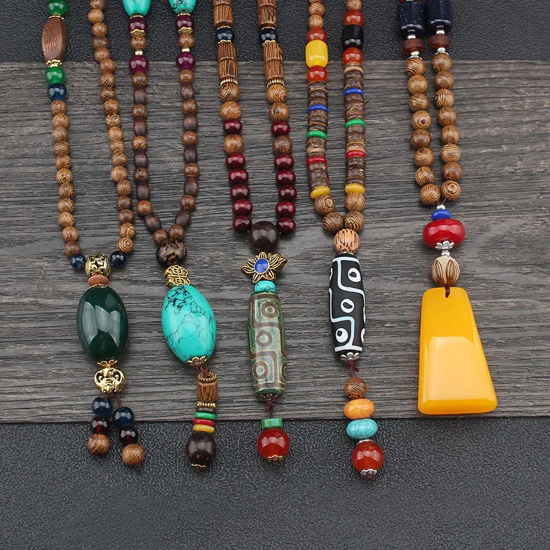 Women Retro Ethnic Style Wooden Beads Long Necklace