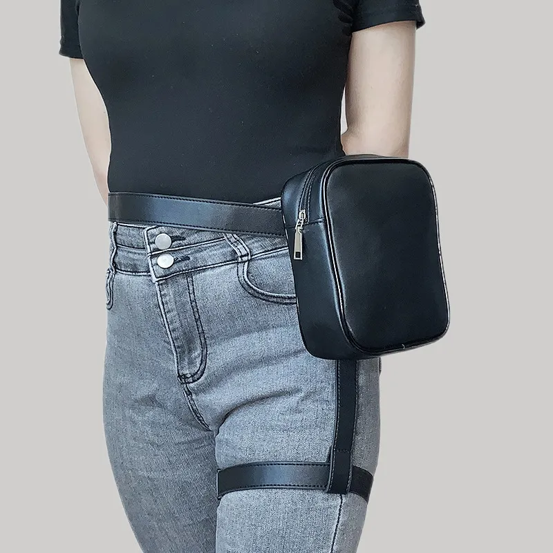 Women Fashion Motorcycle Leg Bag Solid Color PU Waist Bag