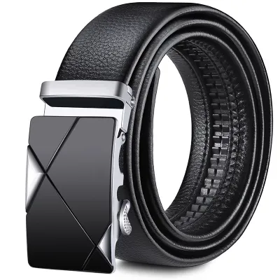Men Business PU Leather Stone Grain Metal Buckle Belt