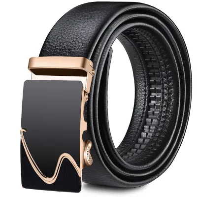 Men Business PU Leather Stone Grain Metal Buckle Belt