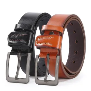 Men Business Cowhide Metal Square Pin Buckle Belt
