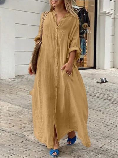 Women Casual Cotton Linen Solid Color Pocket Shirt Maxi Dress