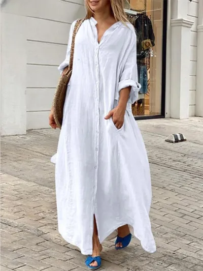 Women Casual Cotton Linen Solid Color Pocket Shirt Maxi Dress
