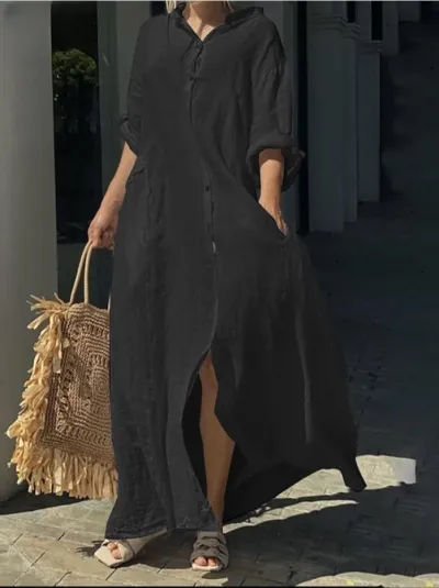 Women Casual Cotton Linen Solid Color Pocket Shirt Maxi Dress