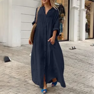 Women Casual Cotton Linen Solid Color Pocket Shirt Maxi Dress