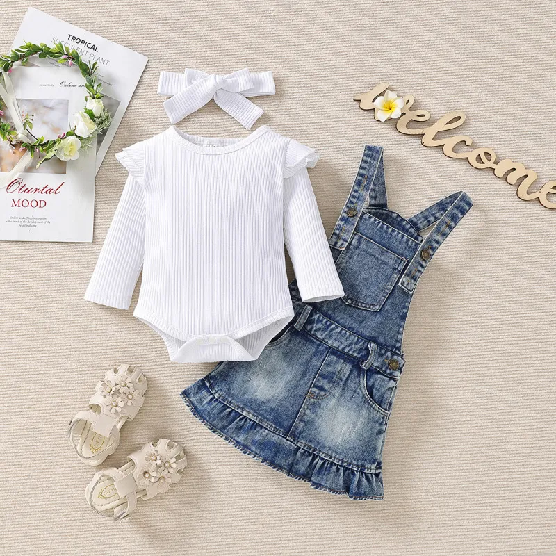 Baby Girl Fashion Long Sleeve One Piece Denim Strand Skirt Suit Set