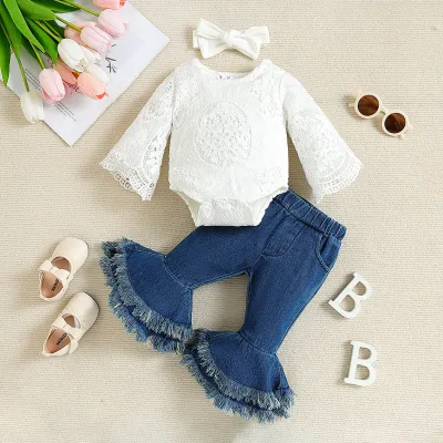 Kid Baby Girl Sweet Trumpet Sleeve Jacquard Lace Denim Two-Piece Pants Set