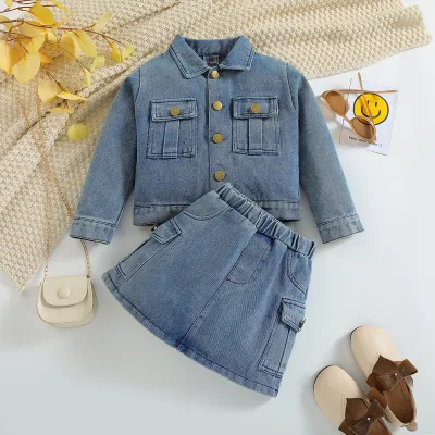 Girls Fashion Denim Two-Piece Set Long Sleeve Solid Color