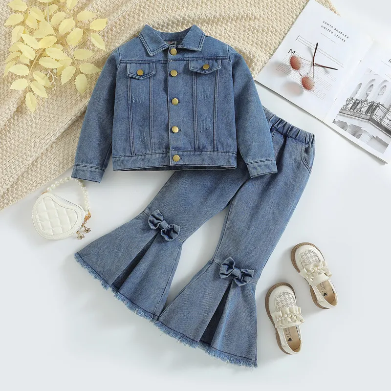 Girls Fashion Denim Two-Piece Set Long Sleeve Solid Color