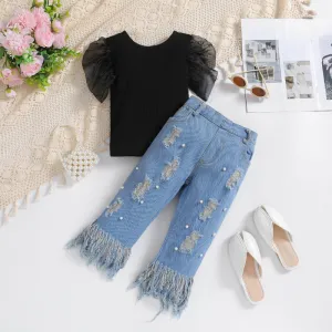 Kids Girls Beaded Tassel Puff Sleeve Denim Suit Two Piece Set