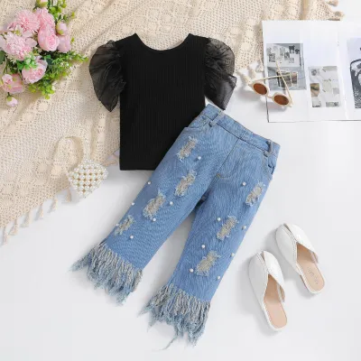 Kids Girls Beaded Tassel Puff Sleeve Denim Suit Two Piece Set
