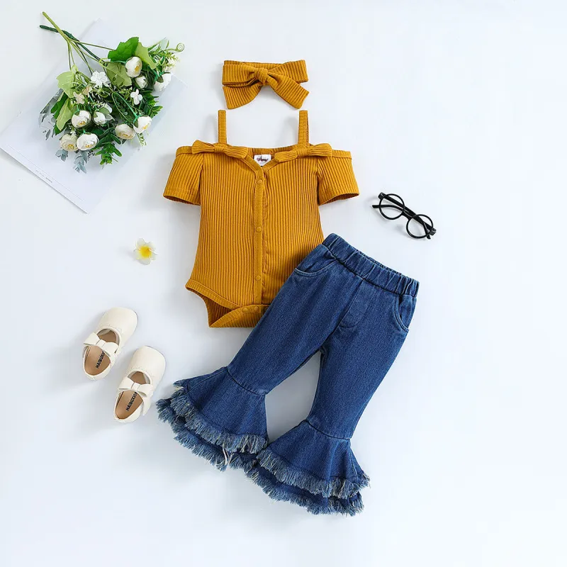 Baby Girl Strap Short-Sleeved Denim Flared Pants Two-Piece Set