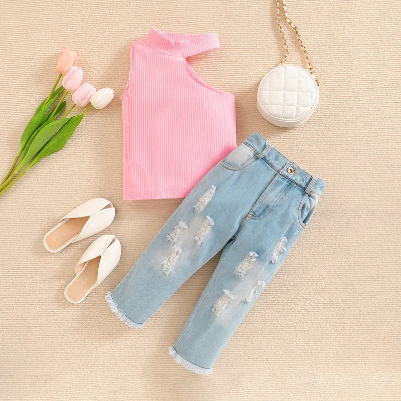 Kids Girls Summer Sleeveless Top and Ripped Denim Jeans Two-Piece Set