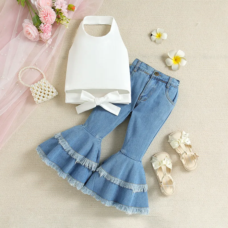 Kids Girl Fashionable Halter Backless Top And Denim Flared Pants Two-Piece Set