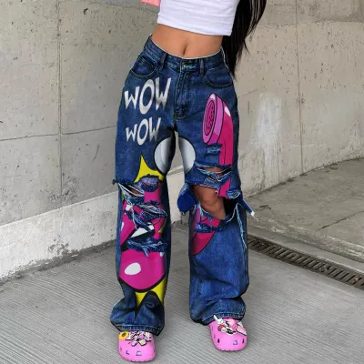 Women Fashion Cartoon Print High Waist Ripped Denim Jeans