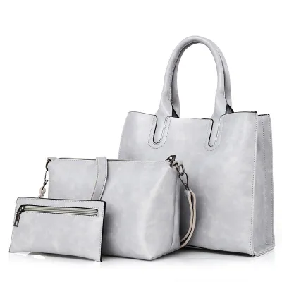Women Fashion Oil Wax Oblique Bag Large Capacity PU Handbag Three-Piece Set