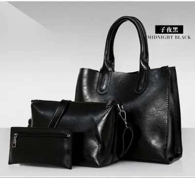 Women Fashion Oil Wax Oblique Bag Large Capacity PU Handbag Three-Piece Set