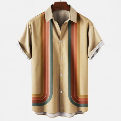 Men Summer Fashion Casual Striped Lapel Short Sleeve Plus Size Shirt