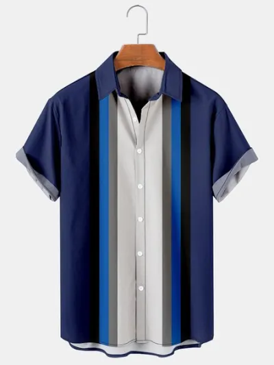 Men Summer Fashion Casual Striped Lapel Short Sleeve Plus Size Shirt