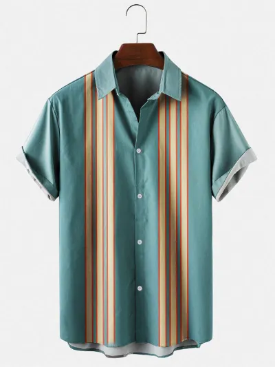Men Summer Fashion Casual Striped Lapel Short Sleeve Plus Size Shirt