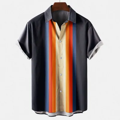 Men Summer Fashion Casual Striped Lapel Short Sleeve Plus Size Shirt