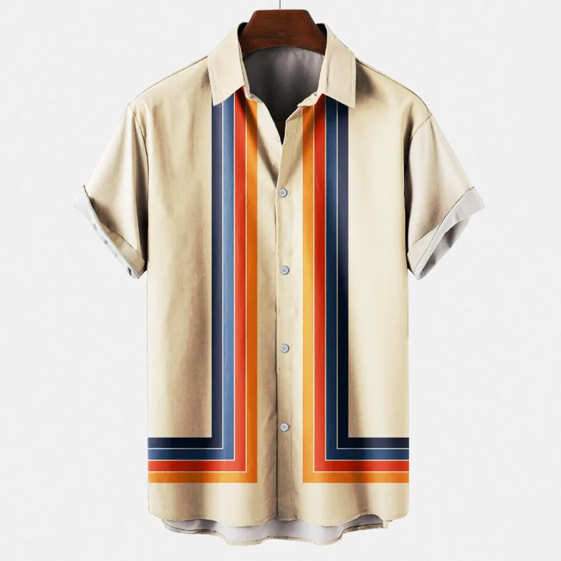 Men Summer Fashion Casual Striped Lapel Short Sleeve Plus Size Shirt