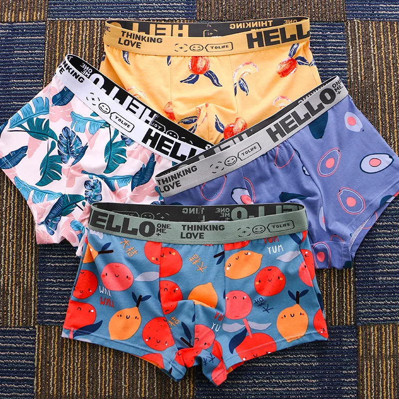 Men Fashion Casual Fruit Pattern Cotton Mid Waist Boxer Pants