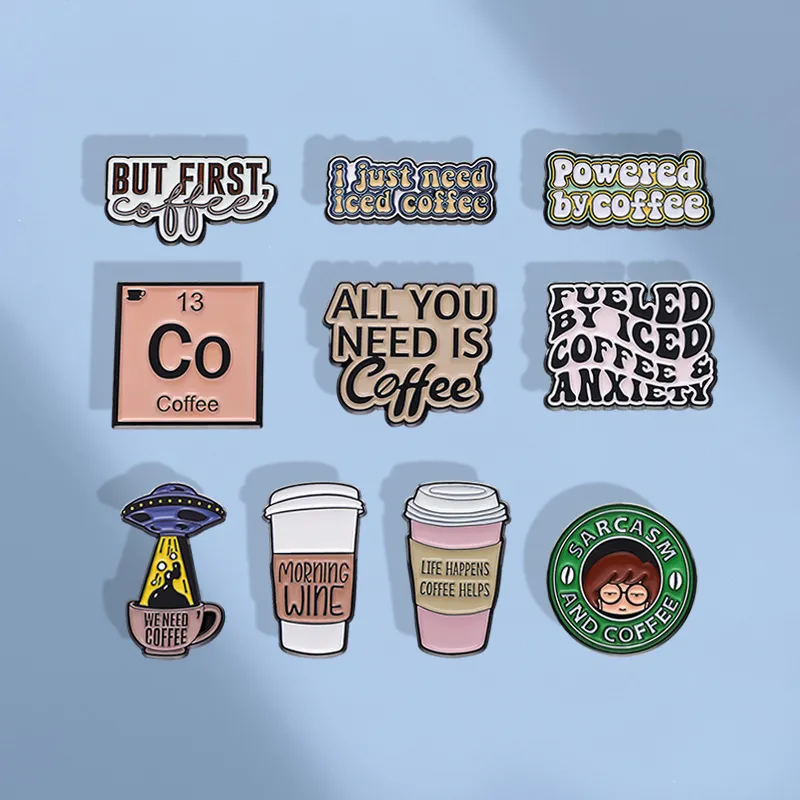 Women Creative Cute Coffee Cup Shape English Letter Alloy Brooch