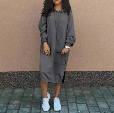 Women Casual Winter Hooded Long Sleeve Polyester Sweatshirt Dress Plus Size