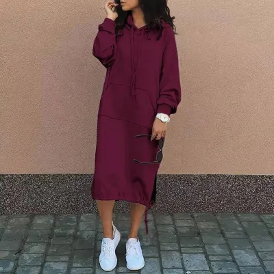 Women Casual Winter Hooded Long Sleeve Polyester Sweatshirt Dress Plus Size