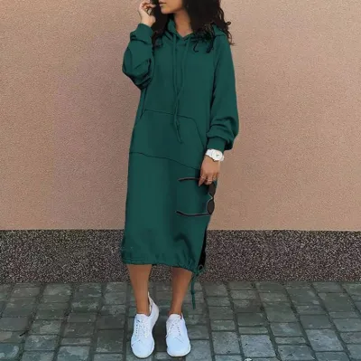 Women Casual Winter Hooded Long Sleeve Polyester Sweatshirt Dress Plus Size