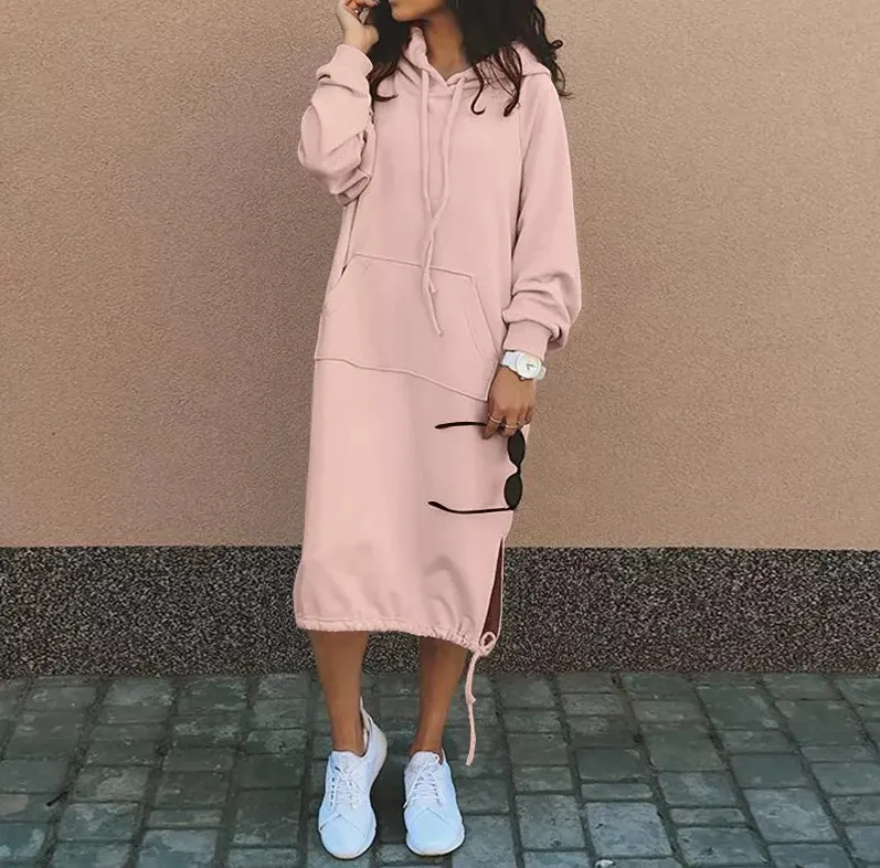 Women Casual Winter Hooded Long Sleeve Polyester Sweatshirt Dress Plus Size