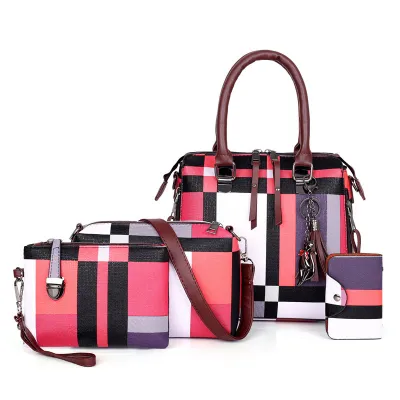 Women Fashion Color Block Tassel Pendant Coin Purse Crossbody Bag Large Capacity PU Handbag Set