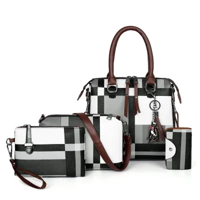 Women Fashion Color Block Tassel Pendant Coin Purse Crossbody Bag Large Capacity PU Handbag Set