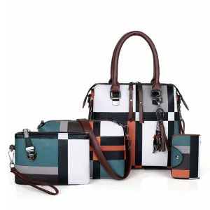 Women Fashion Color Block Tassel Pendant Coin Purse Crossbody Bag Large Capacity PU Handbag Set