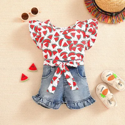 Kids Girl Cute Flamingo Print Denim Shorts Two-Piece Set