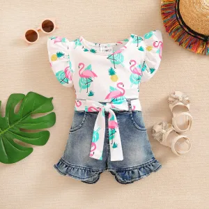 Kids Girl Cute Flamingo Print Denim Shorts Two-Piece Set