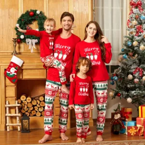 Cartoon Santa Snowflake Letter Print Round Neck Long Sleeve Cotton Pajamas Set for Family Matching