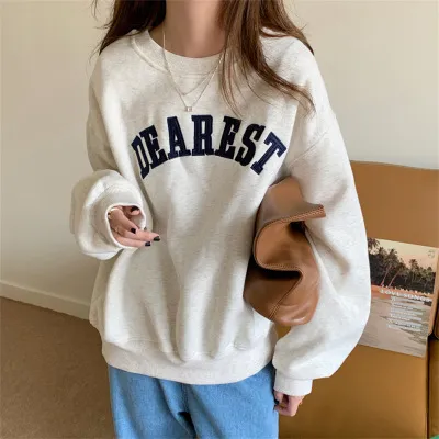 Women Fashion Street Loose Letter Embroidered Crewneck Long Sleeve Sweatshirt