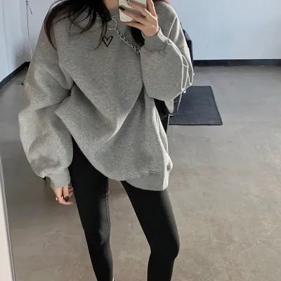 Women Loose Pullover Sweatshirt Solid Color Round Neck Long Sleeve Pastoral Style