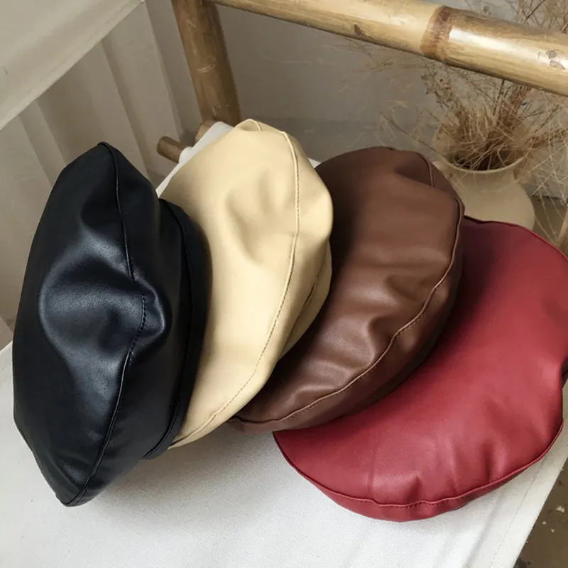 Women Fashion Solid Color PU Beret