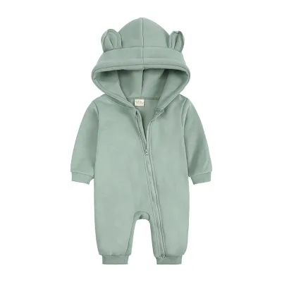 Kids Baby Boys Girls Autumn Winter Casual Cute Solid Color Bear Long Sleeve Hooded Jumpsuit Neutral