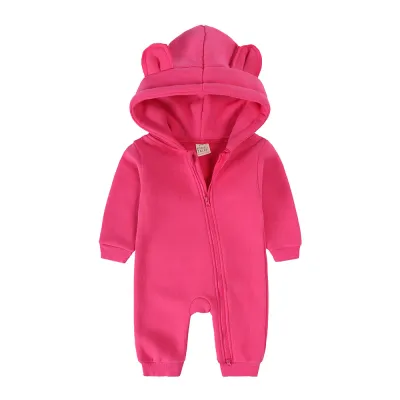 Kids Baby Boys Girls Autumn Winter Casual Cute Solid Color Bear Long Sleeve Hooded Jumpsuit Neutral