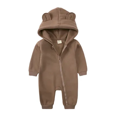 Kids Baby Boys Girls Autumn Winter Casual Cute Solid Color Bear Long Sleeve Hooded Jumpsuit Neutral