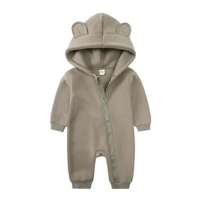 Kids Baby Boys Girls Autumn Winter Casual Cute Solid Color Bear Long Sleeve Hooded Jumpsuit Neutral