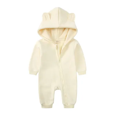 Kids Baby Boys Girls Autumn Winter Casual Cute Solid Color Bear Long Sleeve Hooded Jumpsuit Neutral