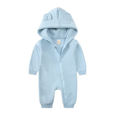 Kids Baby Boys Girls Autumn Winter Casual Cute Solid Color Bear Long Sleeve Hooded Jumpsuit Neutral