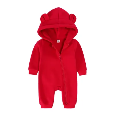 Kids Baby Boys Girls Autumn Winter Casual Cute Solid Color Bear Long Sleeve Hooded Jumpsuit Neutral